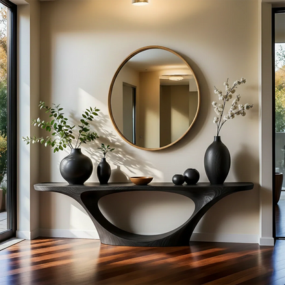 Unique brown wood console table with organic oval base