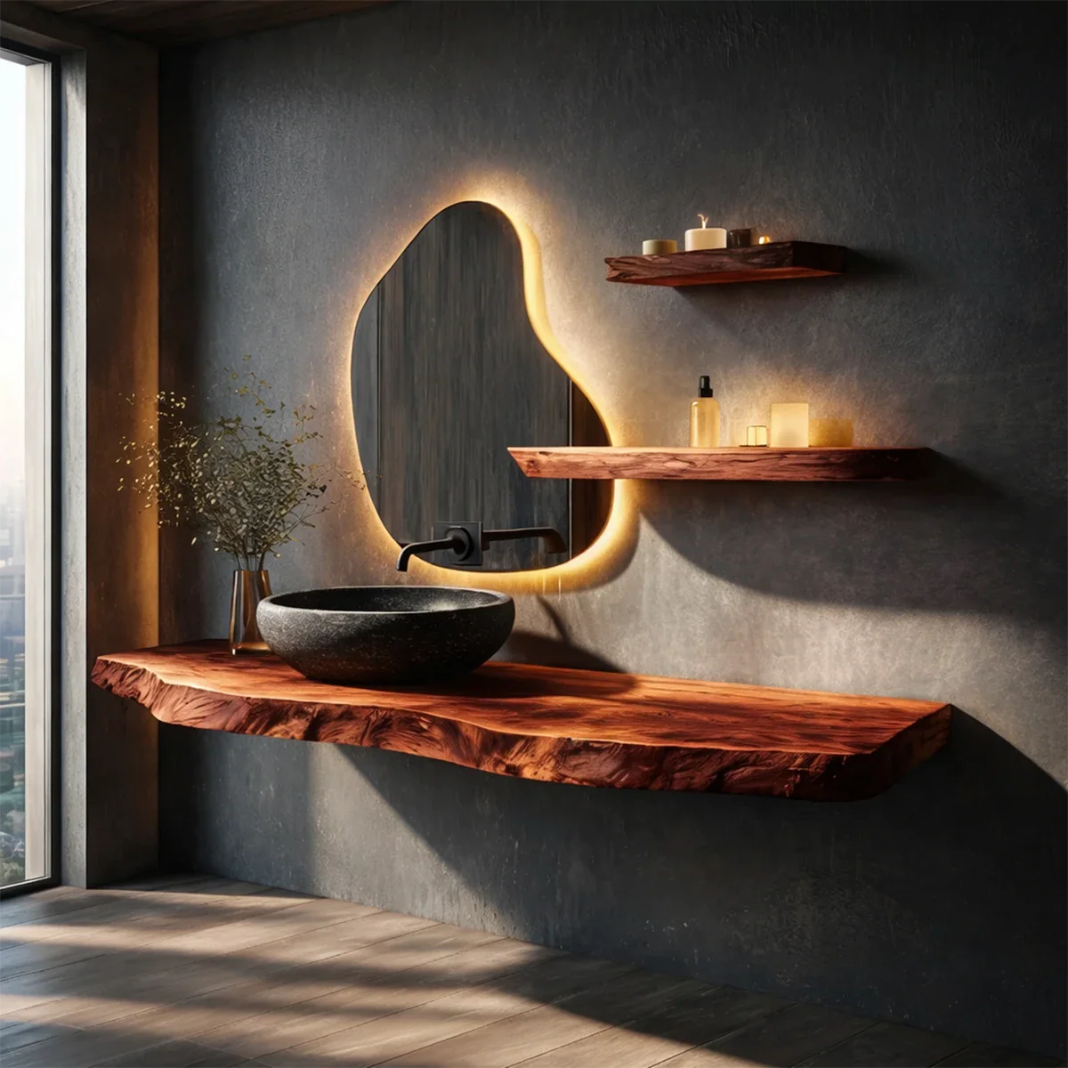 Contemporary Floating Live Edge Wood Bathroom Countertop Shelf - ArborisWood - 6