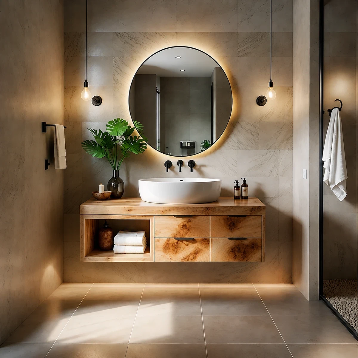 Contemporary Natural Solid Wood Floating Bathroom Vanity With Drawer Storage - ArborisWood - 13