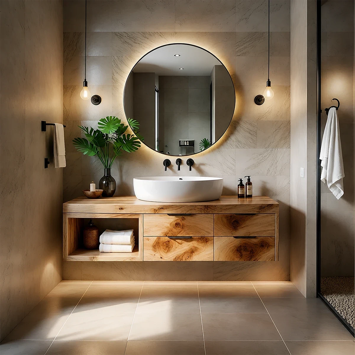 Contemporary Natural Solid Wood Floating Bathroom Vanity With Drawer Storage - ArborisWood - 15