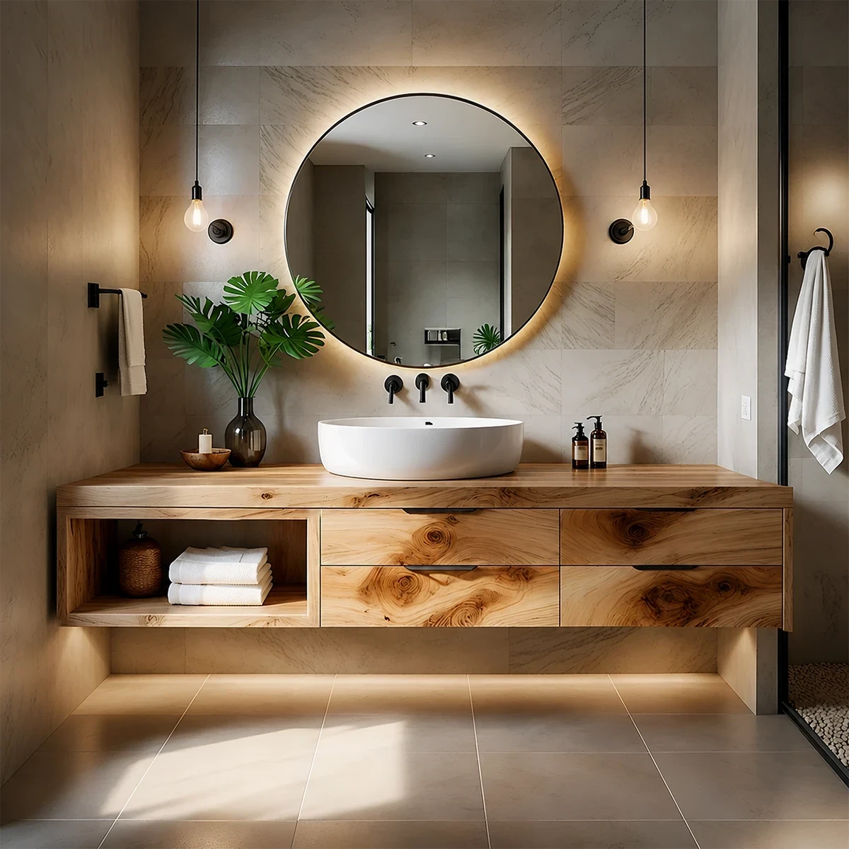 Contemporary Natural Solid Wood Floating Bathroom Vanity With Drawer Storage - ArborisWood - 17