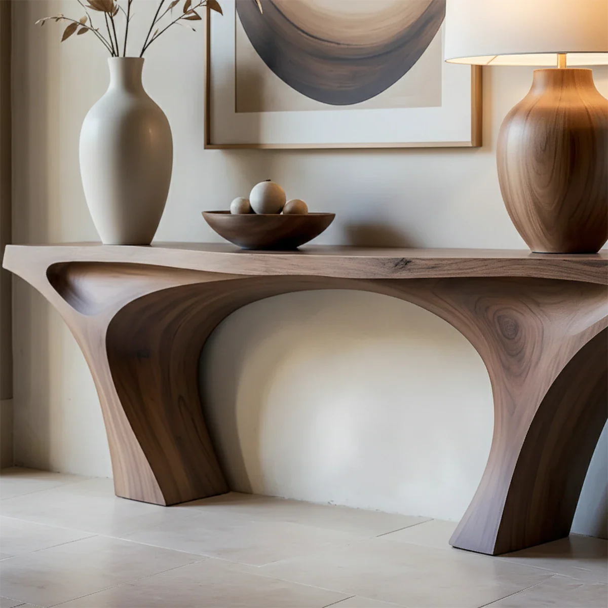 Contemporary Sculptural Console Table Natural Solid Wood Twin Arch Base - ArborisWood - 4