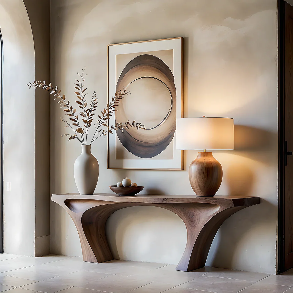 Contemporary Sculptural Console Table Natural Solid Wood Twin Arch Base - ArborisWood