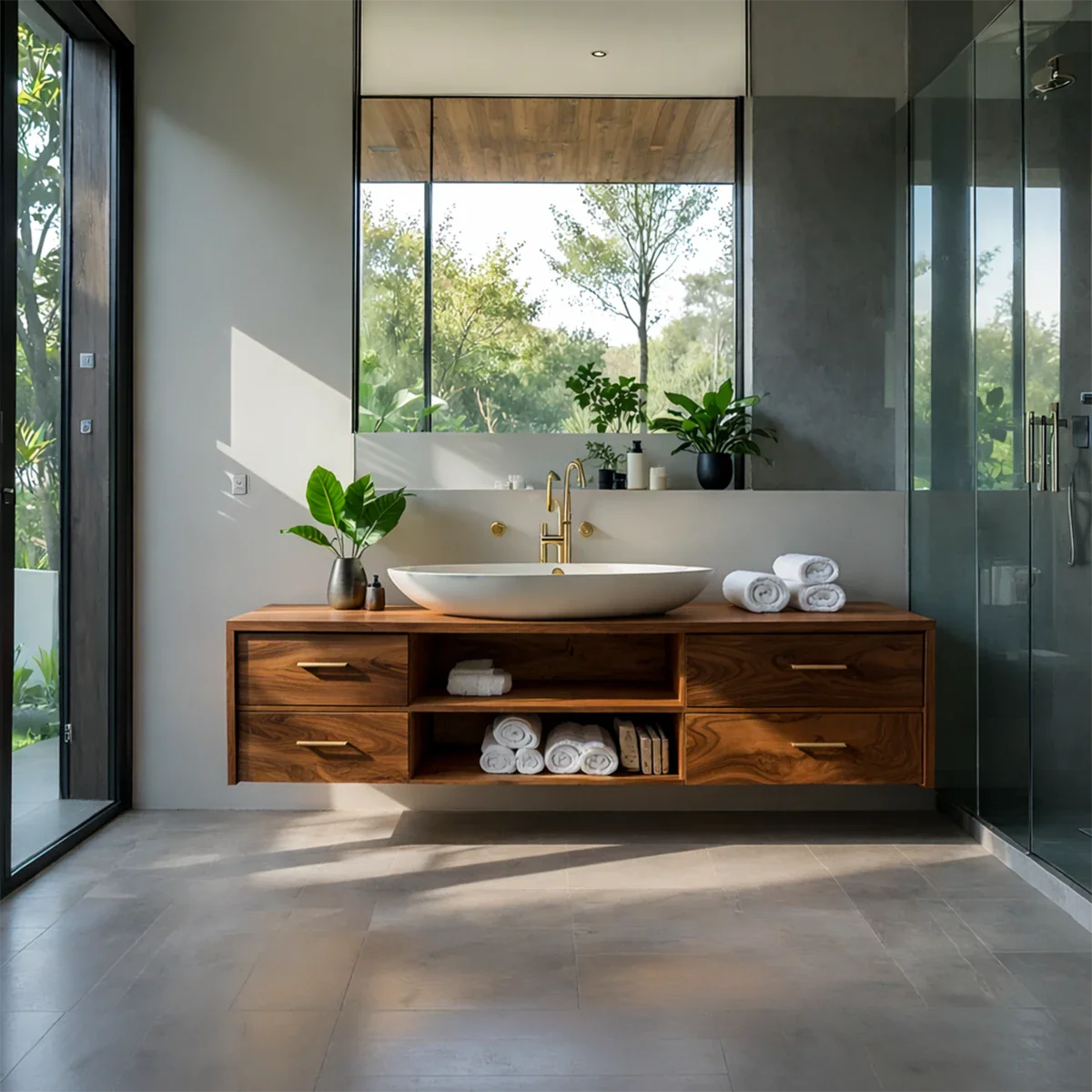Contemporary teak floating bathroom vanity with center shelf