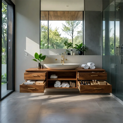 Designer teak floating bathroom vanity with drawer storage