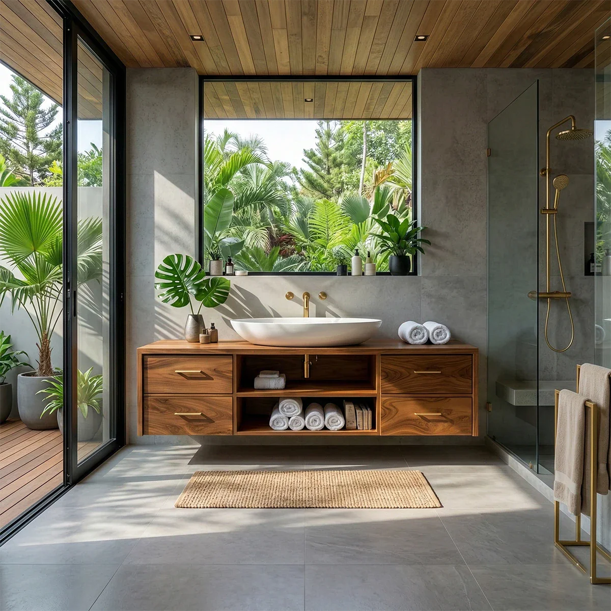 Teak floating bathroom vanity with open storage shelf