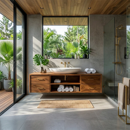 Teak floating bathroom vanity with open storage shelf