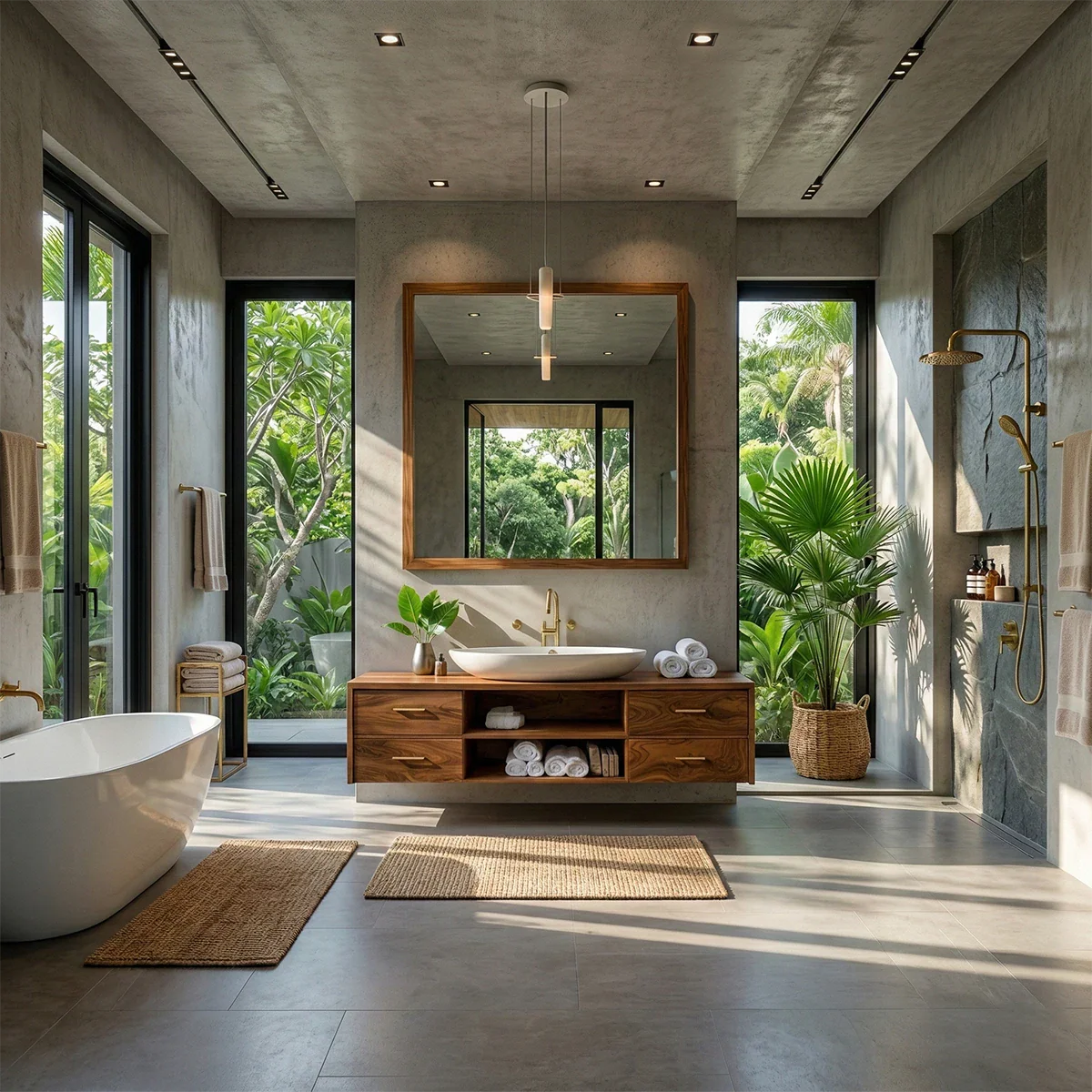 Contemporary floating bathroom vanity made from teak wood