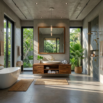 Contemporary floating bathroom vanity made from teak wood
