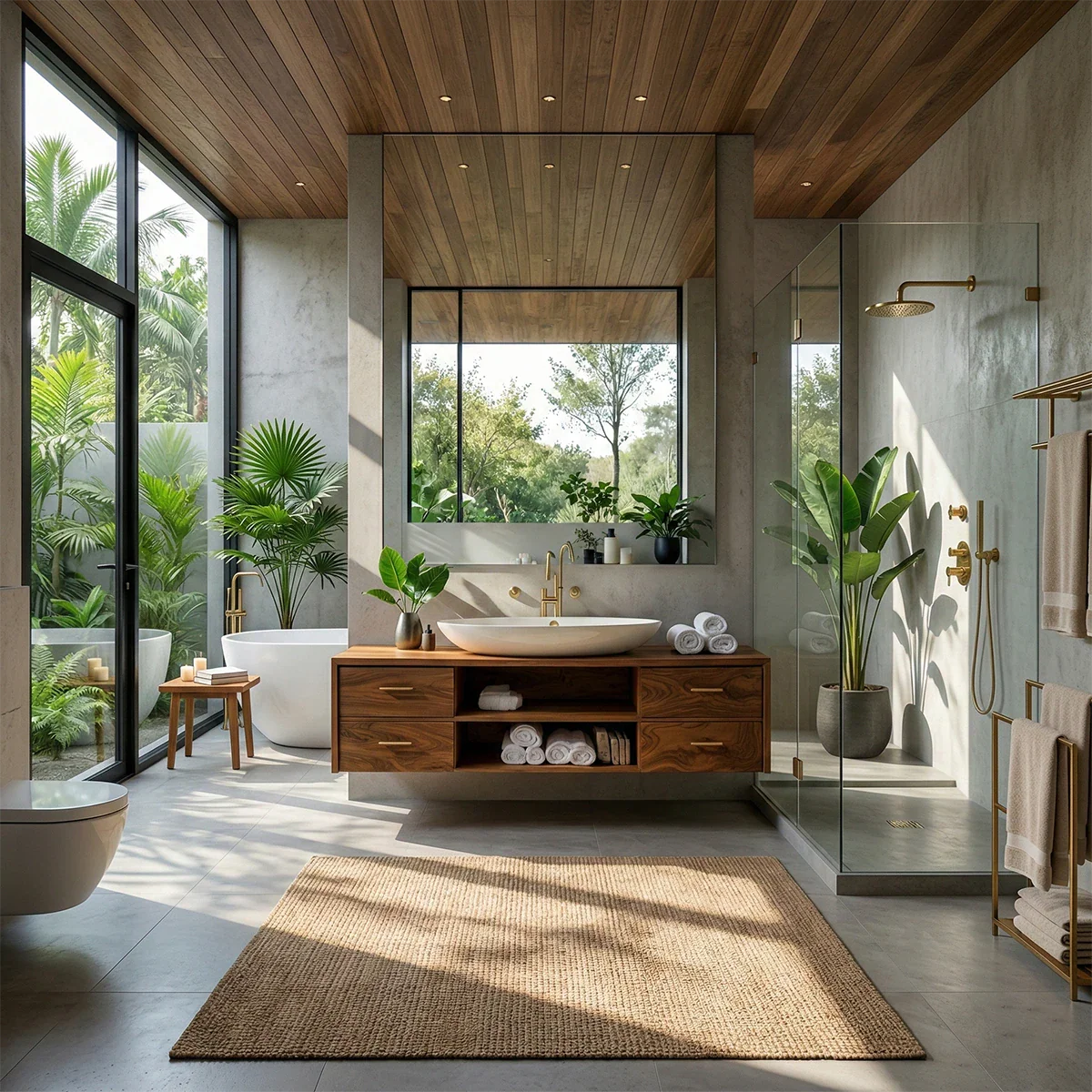 Teak floating bathroom vanity with vessel sink and drawers