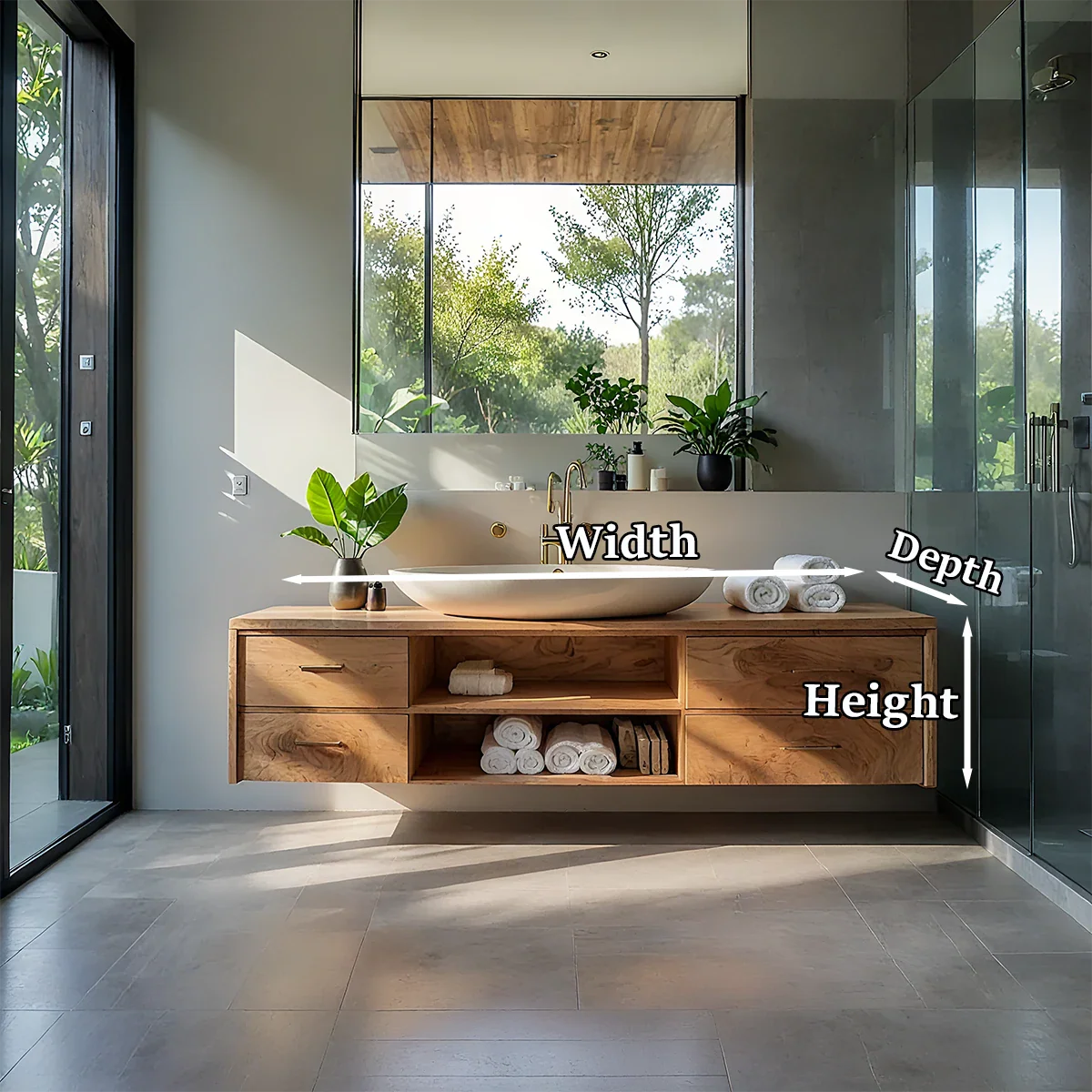 Contemporary teak floating bathroom vanity with wood drawers