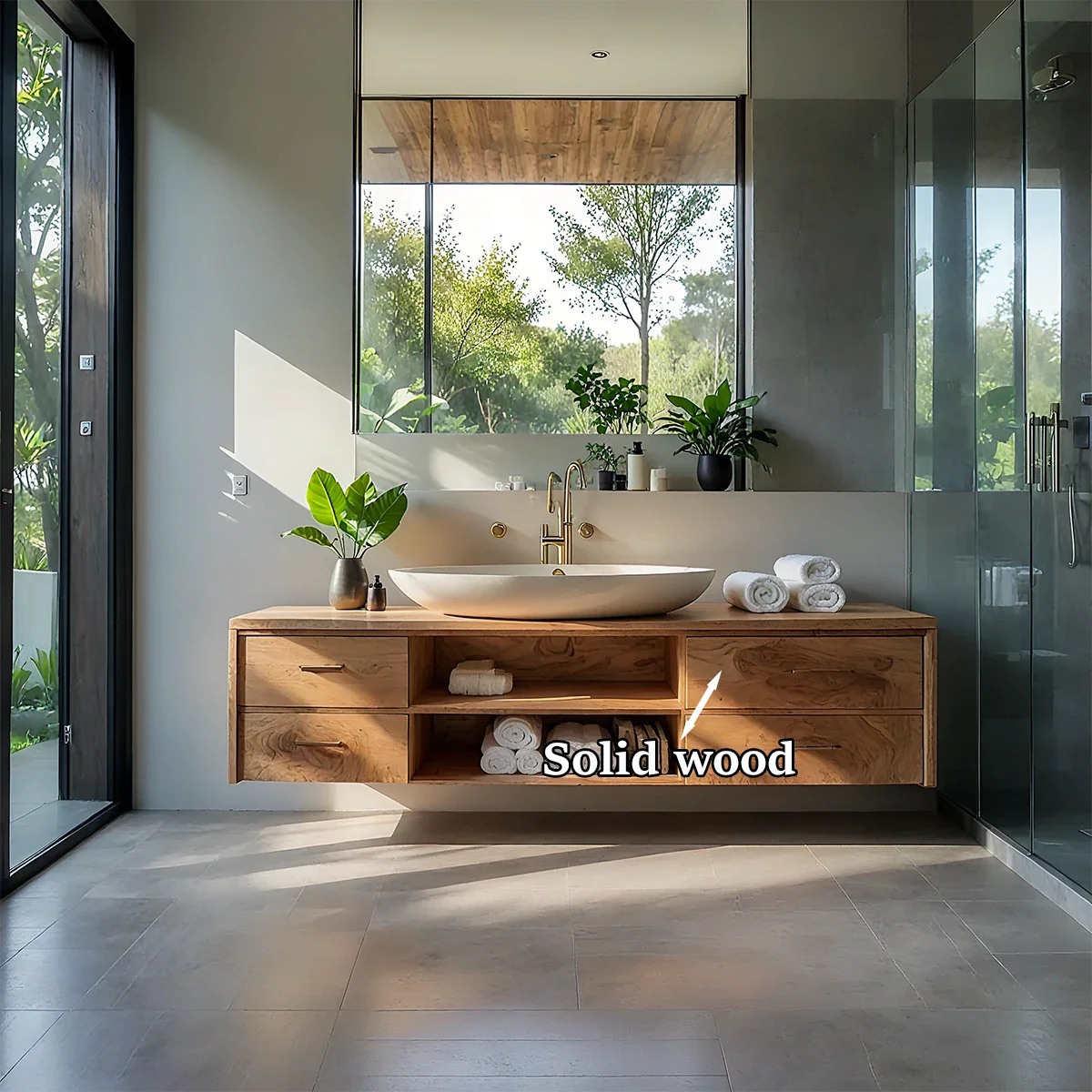 Minimalist teak floating bathroom vanity with vessel basin