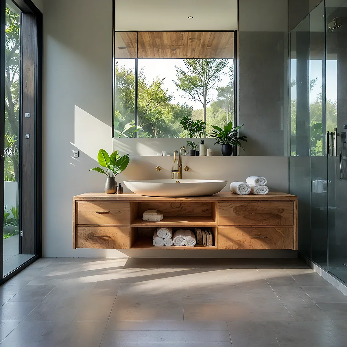Premium teak floating bathroom vanity in modern bathroom