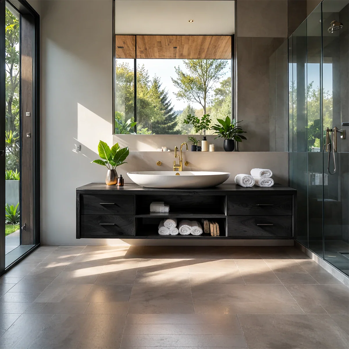 Elegant teak floating bathroom vanity with open storage