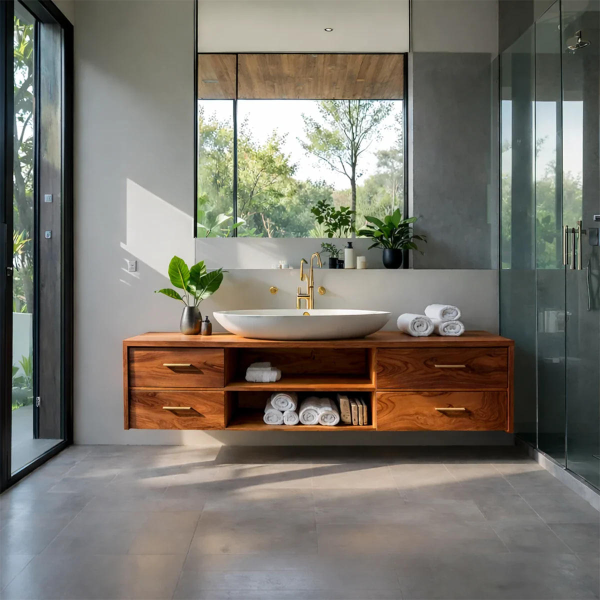 Teak floating bathroom vanity with warm wood texture