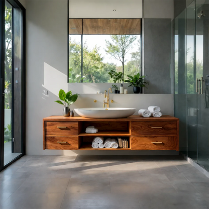 Teak floating bathroom vanity with warm wood texture