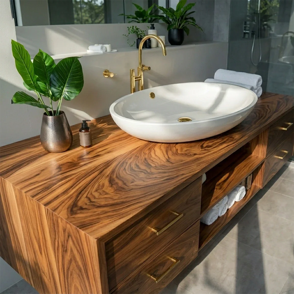 Wall mounted teak floating bathroom vanity with storage