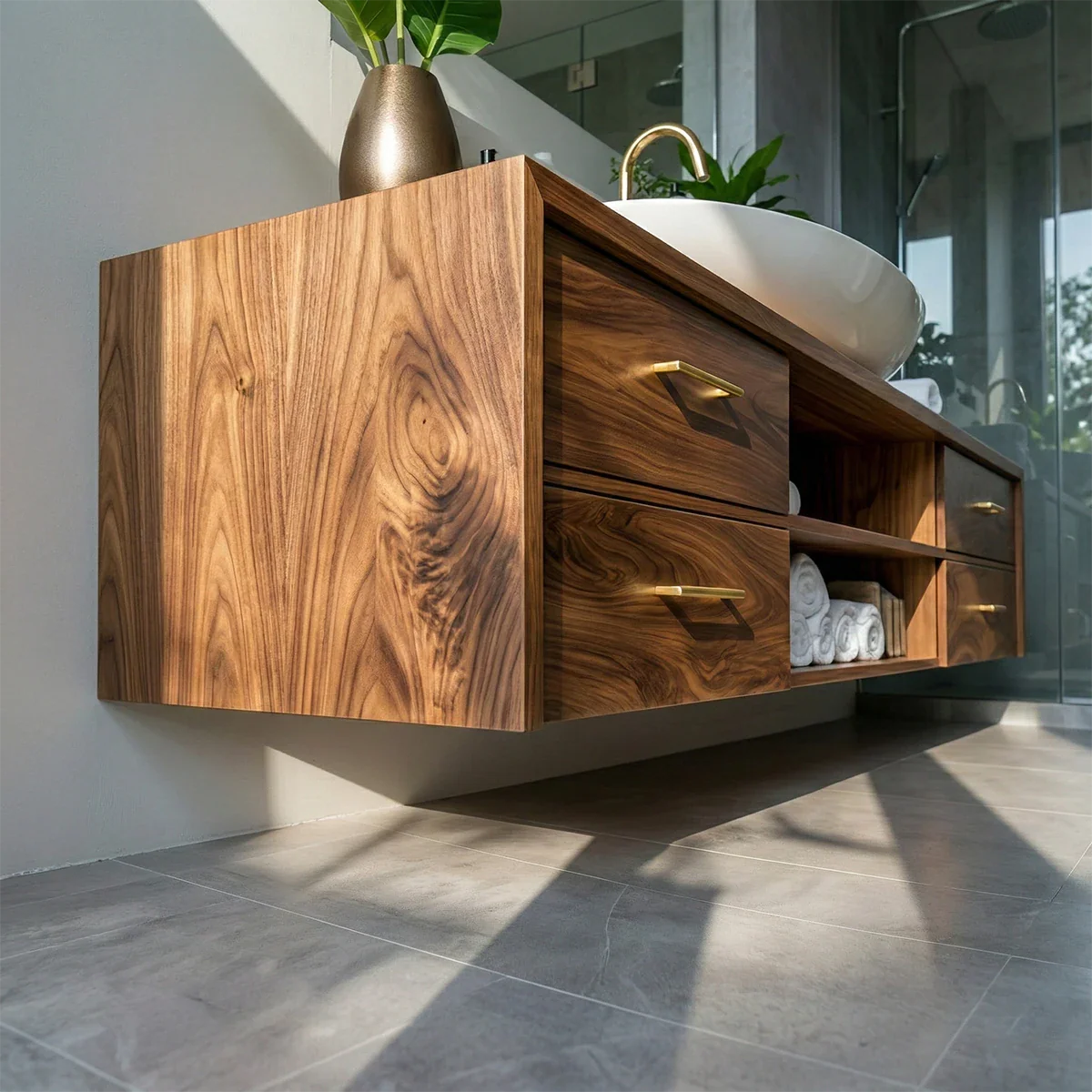 Solid teak floating bathroom vanity with natural wood grain