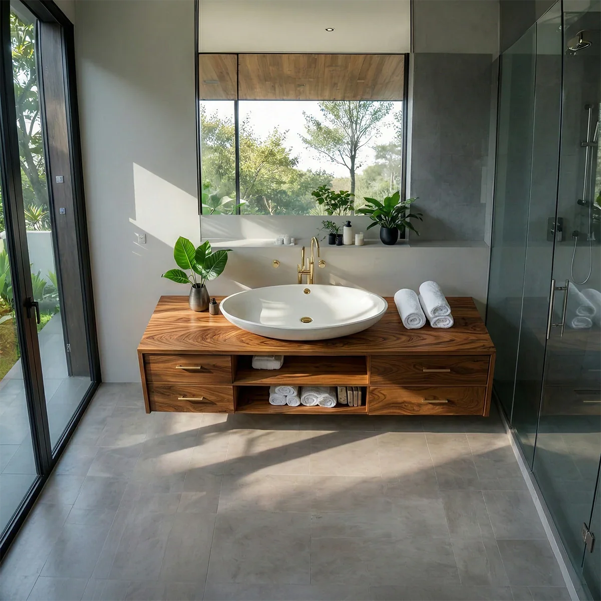 Modern teak floating bathroom vanity with open shelf