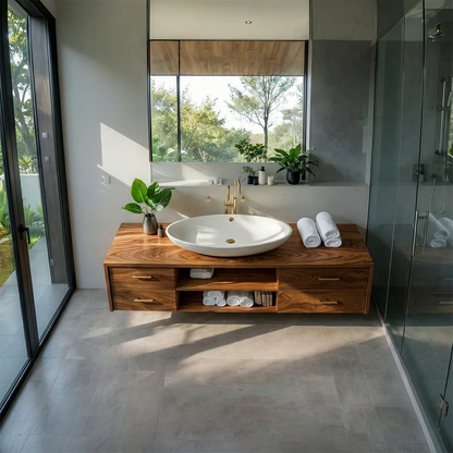 Modern teak floating bathroom vanity with open shelf