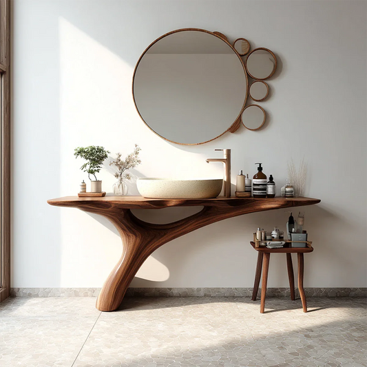 Modern bathroom with walnut wood bathroom vanity and stone vessel sink.