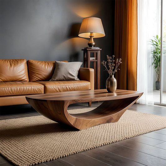 Walnut tone coffee table with sculptural flowing base and smooth surface in a modern minimalist living space