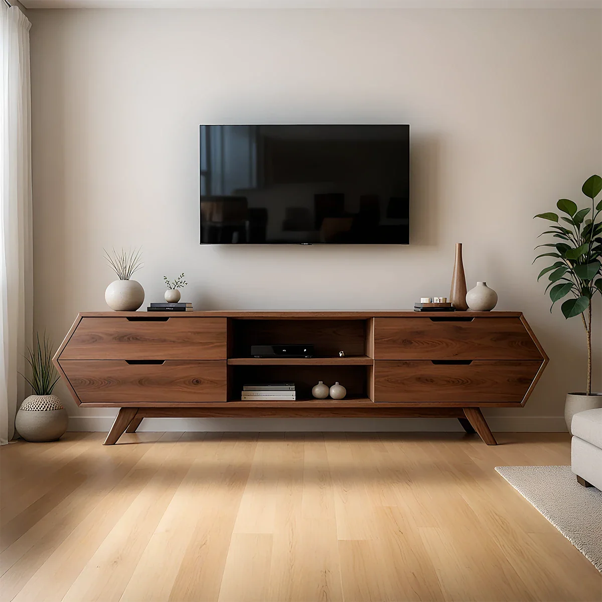 Walnut tone TV stand with sculpted grain front panels and clean lines in a modern living room