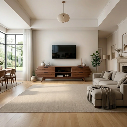 Modern TV stand in walnut tone with flowing grain pattern and low profile in a bright interior