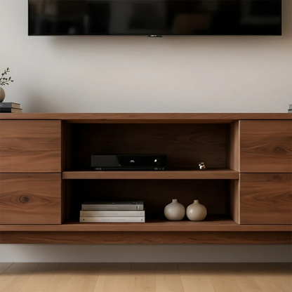 Modern TV stand in walnut tone with flowing grain pattern and low profile in a bright interior