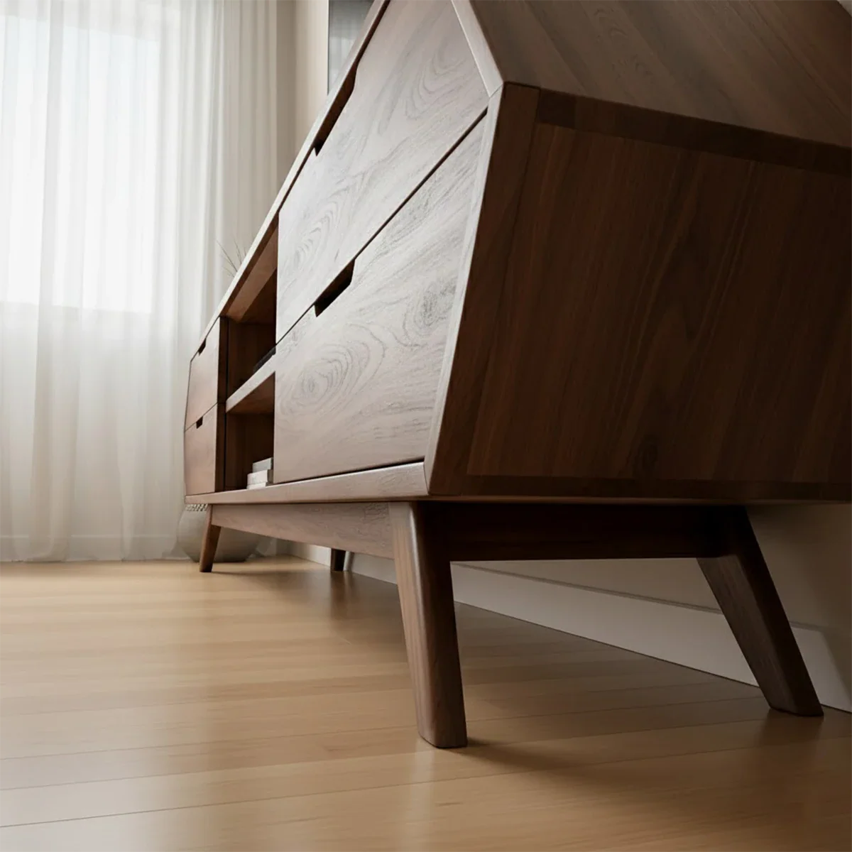 Walnut tone TV stand with smooth surface and subtle grain detail in a minimalist living space