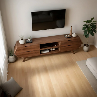 Walnut tone TV stand with seamless storage and organic grain texture in a modern room