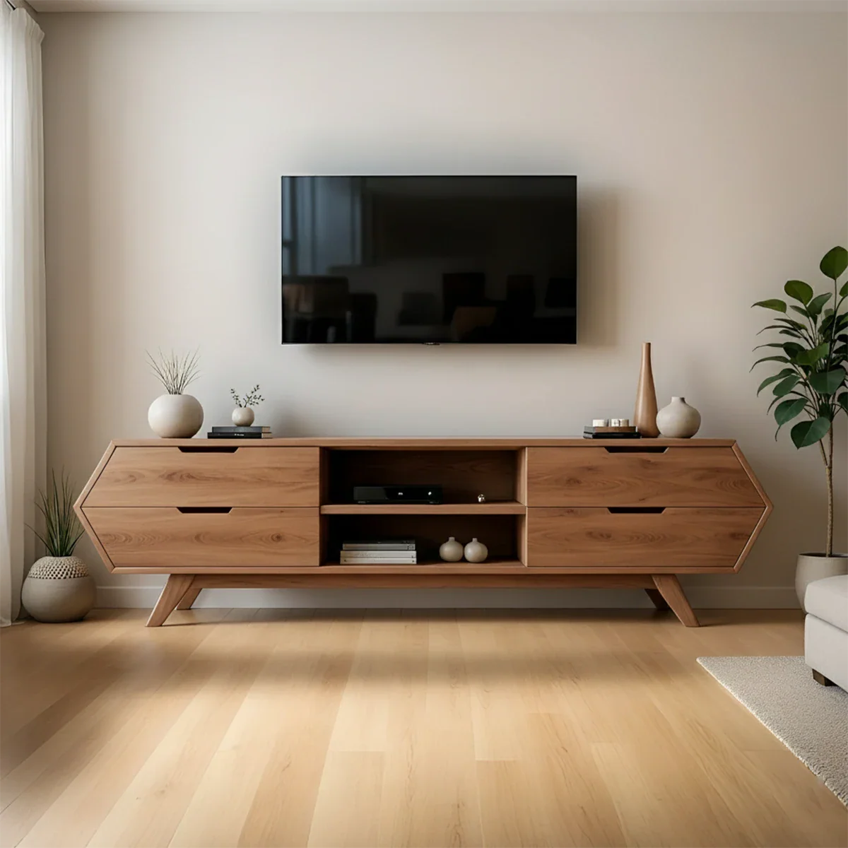 Brown tone TV stand with minimal form and smooth finish in a contemporary living room