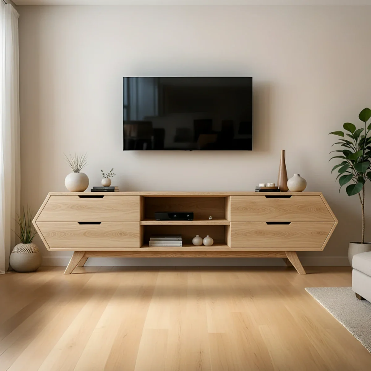 Modern TV stand with oak tone and natural grain texture in a warm interior setting