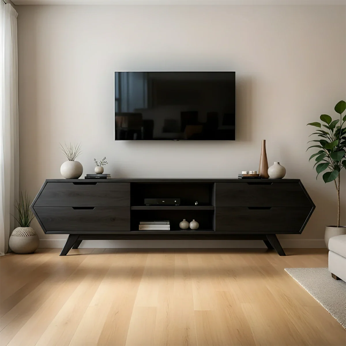 Black tone TV stand with low profile design and balanced modern look in a bright space