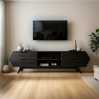 Black tone TV stand with low profile design and balanced modern look in a bright space