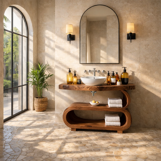 Contemporary bathroom with walnut bathroom vanity and round mirror.
