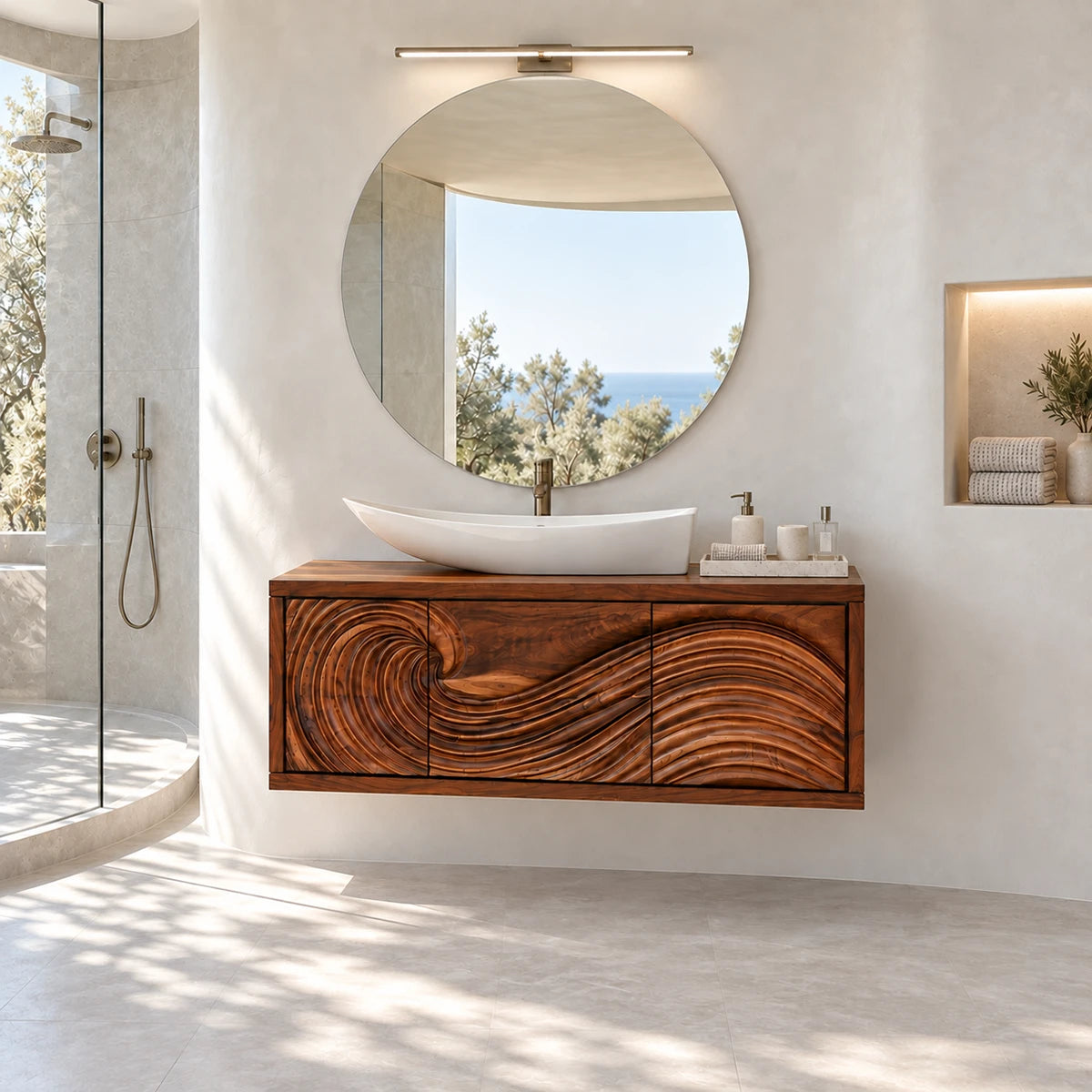 Modern bathroom cabinet in natural solid wood with bold wave relief front detailing