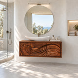 Modern bathroom cabinet in natural solid wood with bold wave relief front detailing