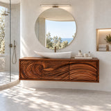 Natural solid wood bathroom vanity with three carved doors and continuous wave pattern