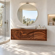 Floating bathroom vanity in natural solid wood with carved wave doors and clean profile