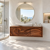 Floating bathroom vanity in natural solid wood with carved wave doors and clean profile