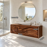 Luxury bath vanity in natural solid wood with deep carved waves across the front doors