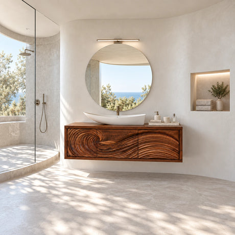 Modern wall mounted vanity in natural solid wood with sculpted wave front cabinet doors
