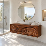 Three door bathroom vanity in natural solid wood with flowing carved panel design detail