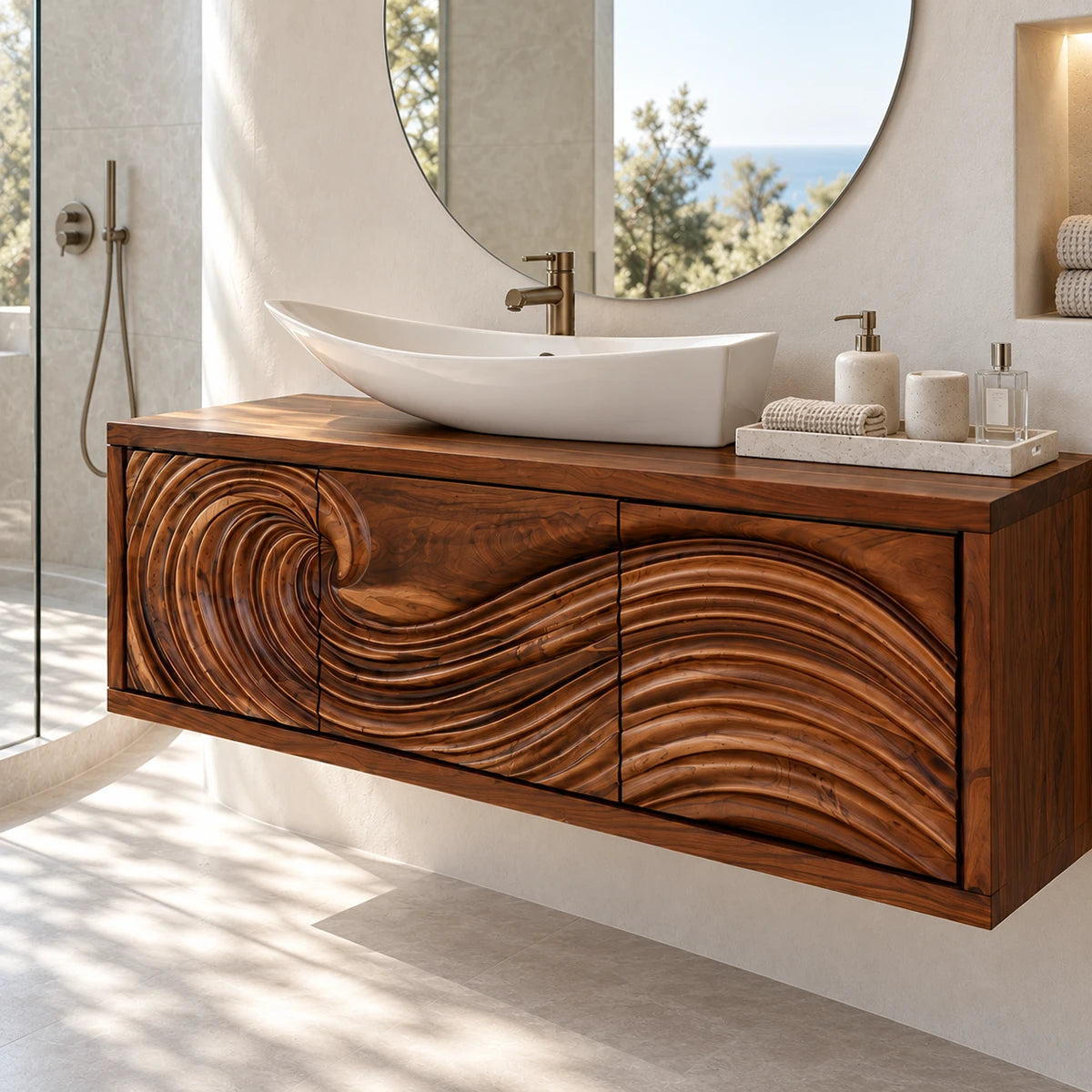 Contemporary bath vanity in natural solid wood with textured wave fronts and sleek form