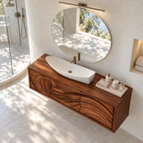 Designer vanity cabinet in natural solid wood with artistic carved door pattern detail