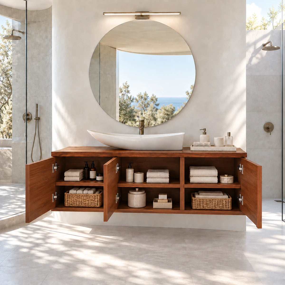 Minimalist bathroom vanity in natural solid wood with floating form and carved fronts