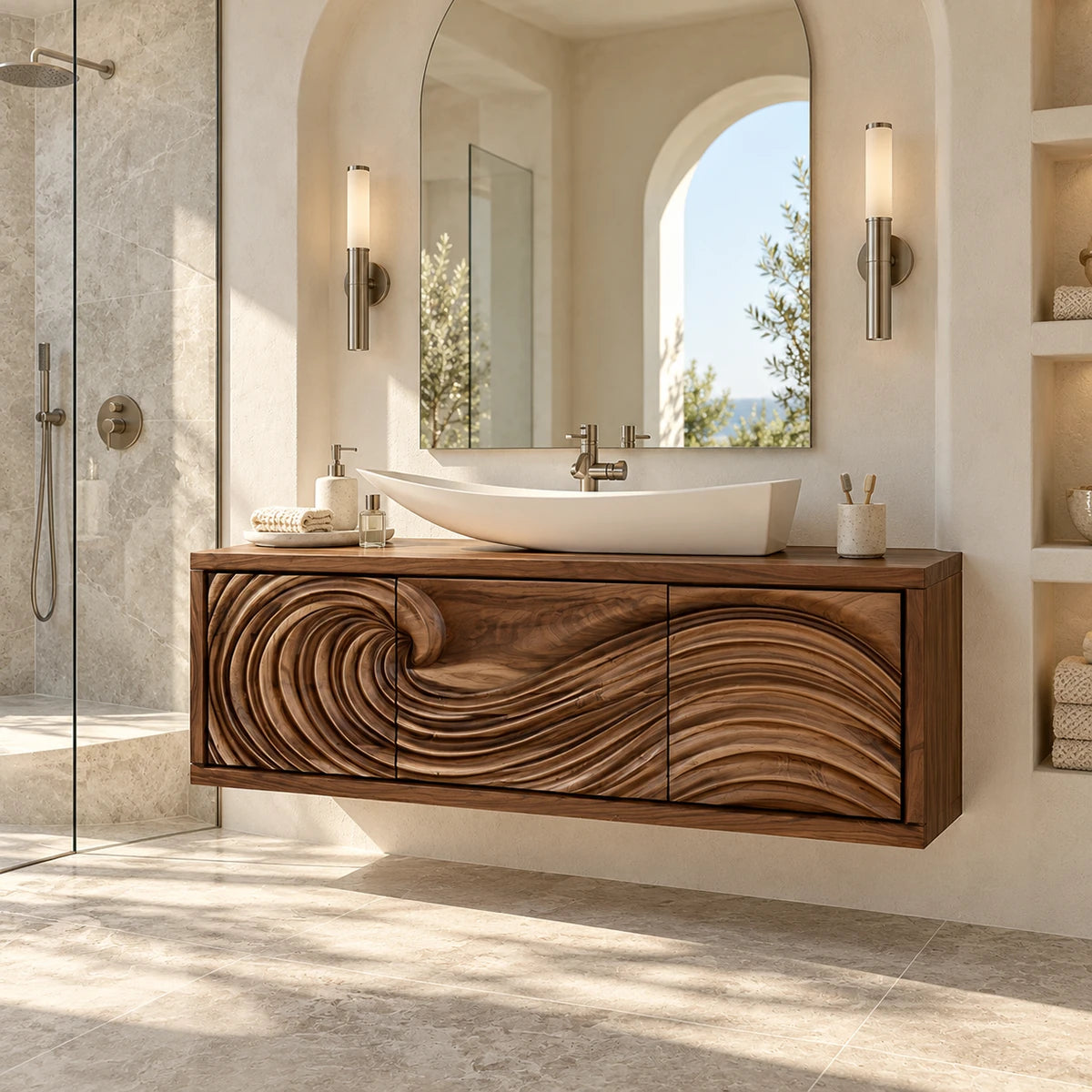 Statement bath vanity in natural solid wood with sculptural wave cabinet doors design