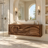 Statement bath vanity in natural solid wood with sculptural wave cabinet doors design