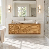 Refined wall hung vanity in natural solid wood with flowing carved front composition
